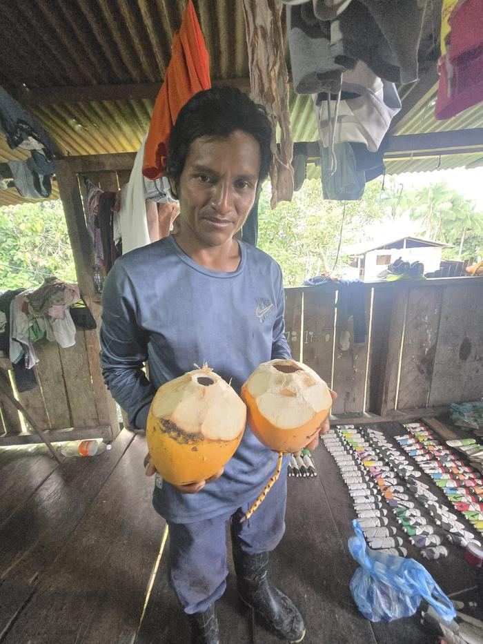 Un habitant présente deux noix de coco ouvertes, devant l'artisanat du village